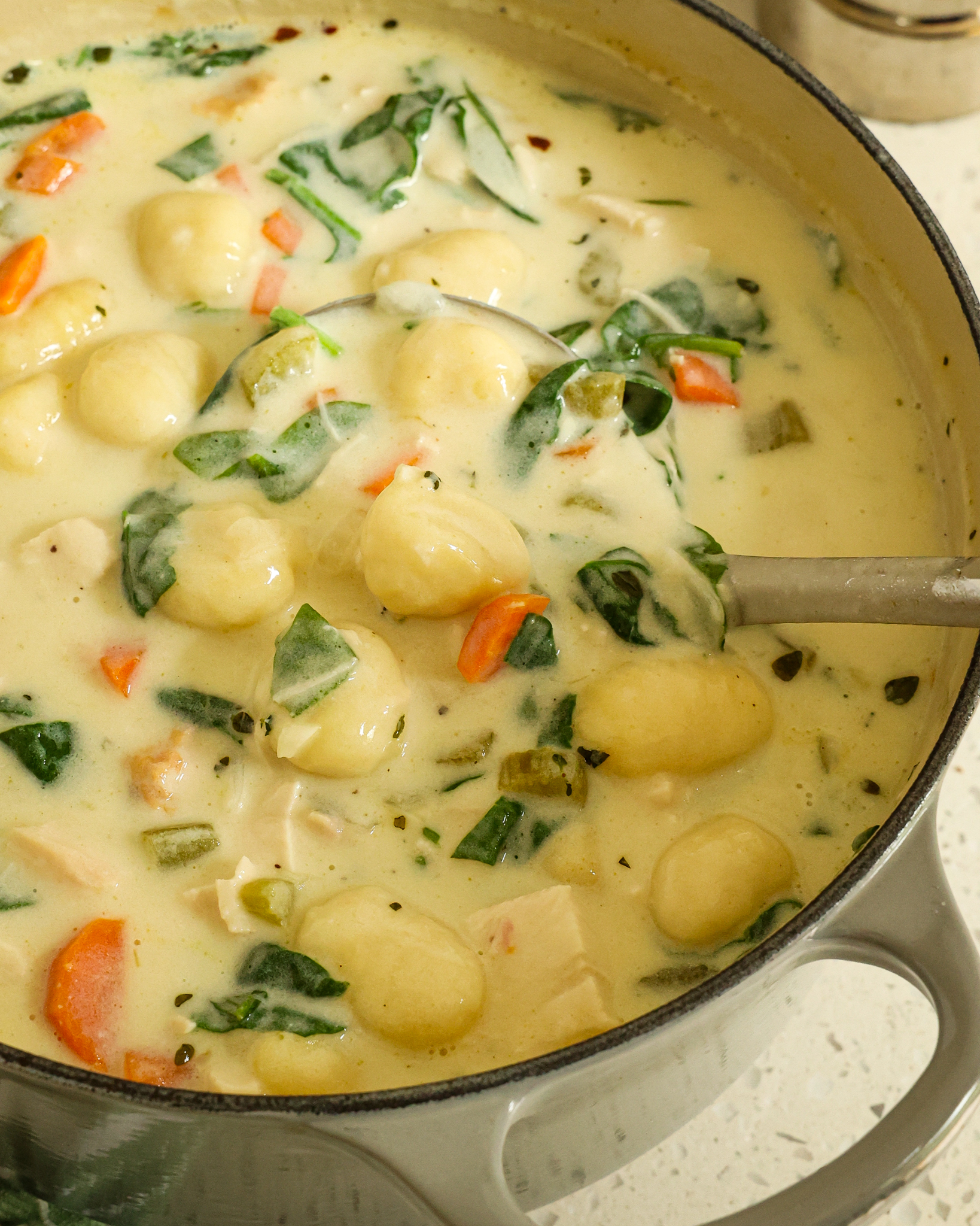 Warm up on chilly days with a comforting bowl of Chicken Gnocchi Soup. This hearty soup features tender chicken