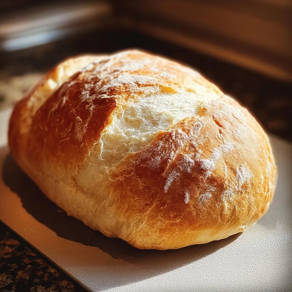 Freshly baked 20 minute homemade bread on a wooden cutting board