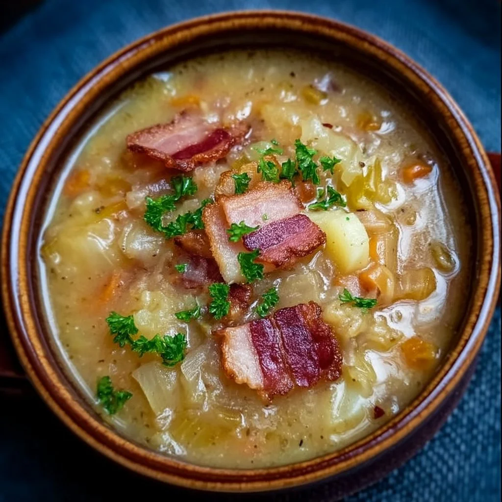 Bowl of rich Bacon and Onion Soup topped with crispy bacon bits and fresh herbs.