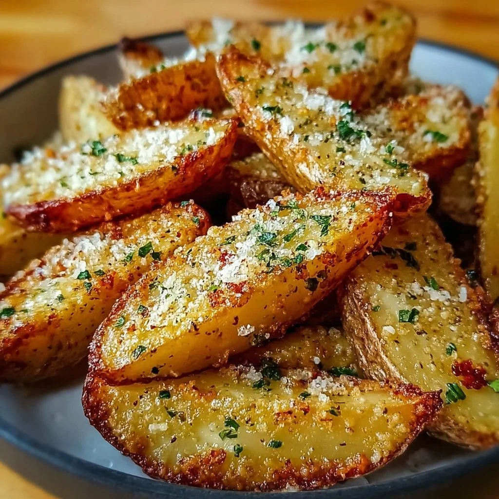 Baked garlic parmesan potato wedges served on a plate