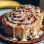 Delicious banana bread cinnamon rolls with a swirl of cinnamon topping