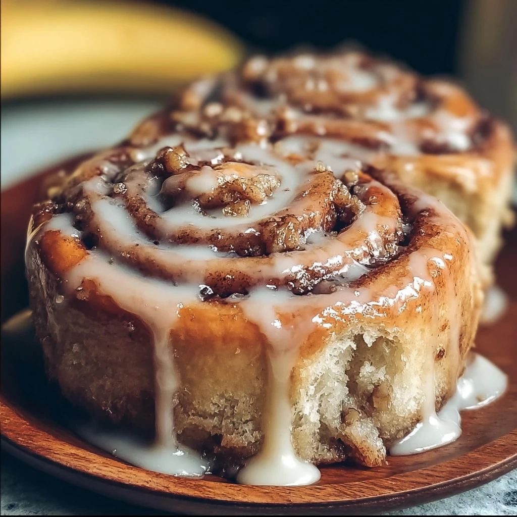 Delicious banana bread cinnamon rolls with a swirl of cinnamon topping