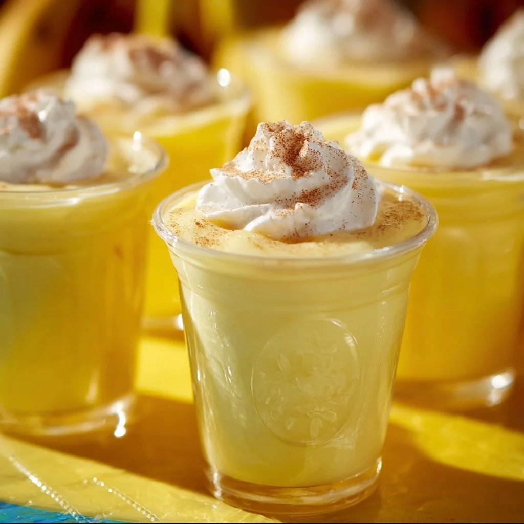 Delicious creamy Banana Rum Cream Pudding Shots ready to serve at a party