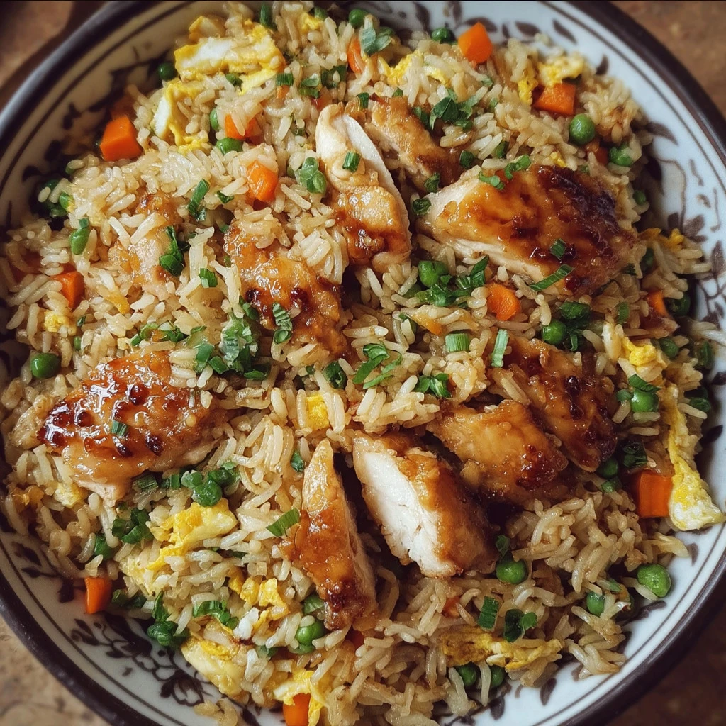 Delicious Bang Bang Chicken Fried Rice garnished with fresh herbs