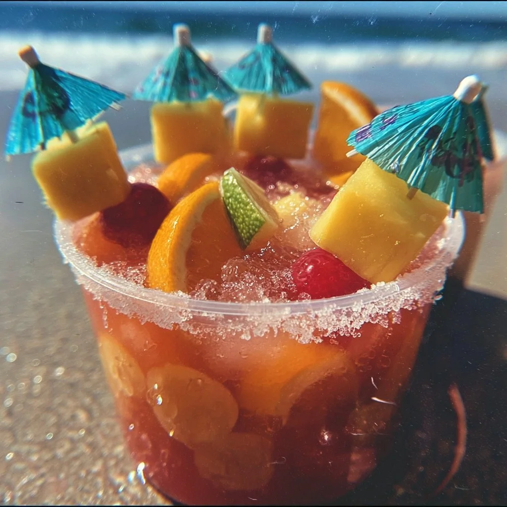 Colorful Beach Bucket Party Punch in a beach setting with fresh fruit.