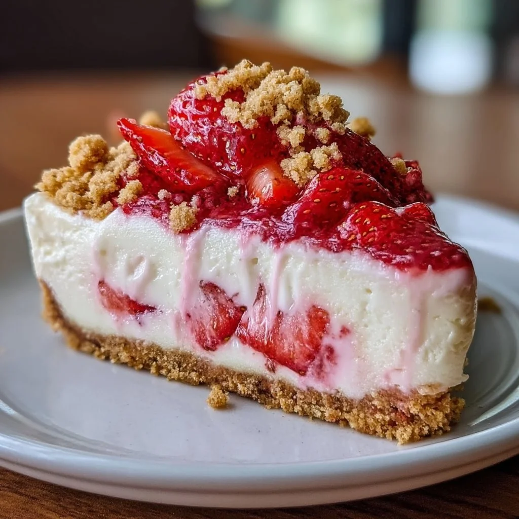 Berrylicious Strawberry Crunch Cheesecake with fresh strawberries and a crunchy topping