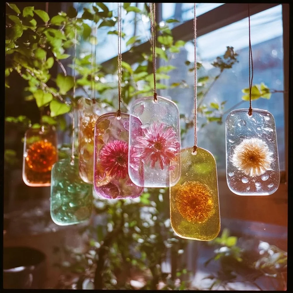 Colorful bioplastic suncatchers hanging in a sunny window, showcasing eco-friendly art.