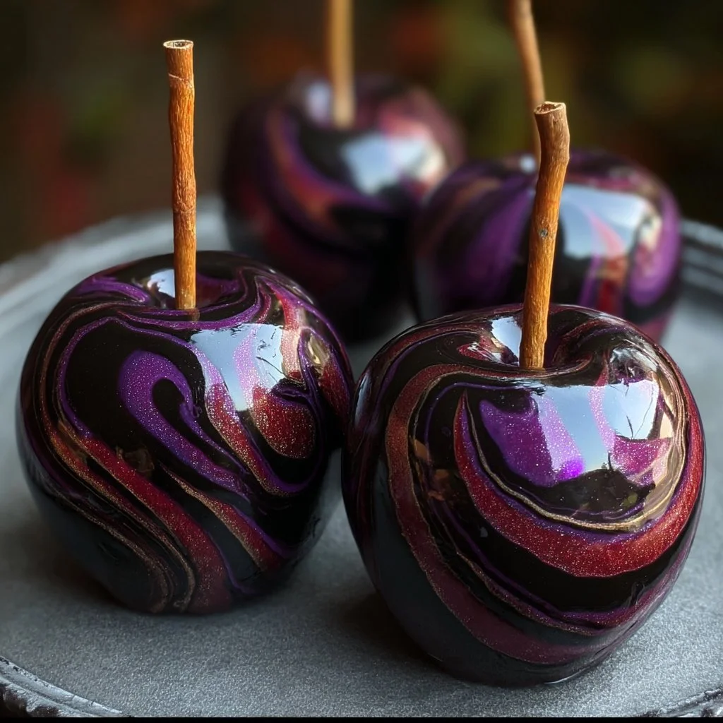 Black Poison Swirl Candy Apples - a spooky and delicious treat for Halloween