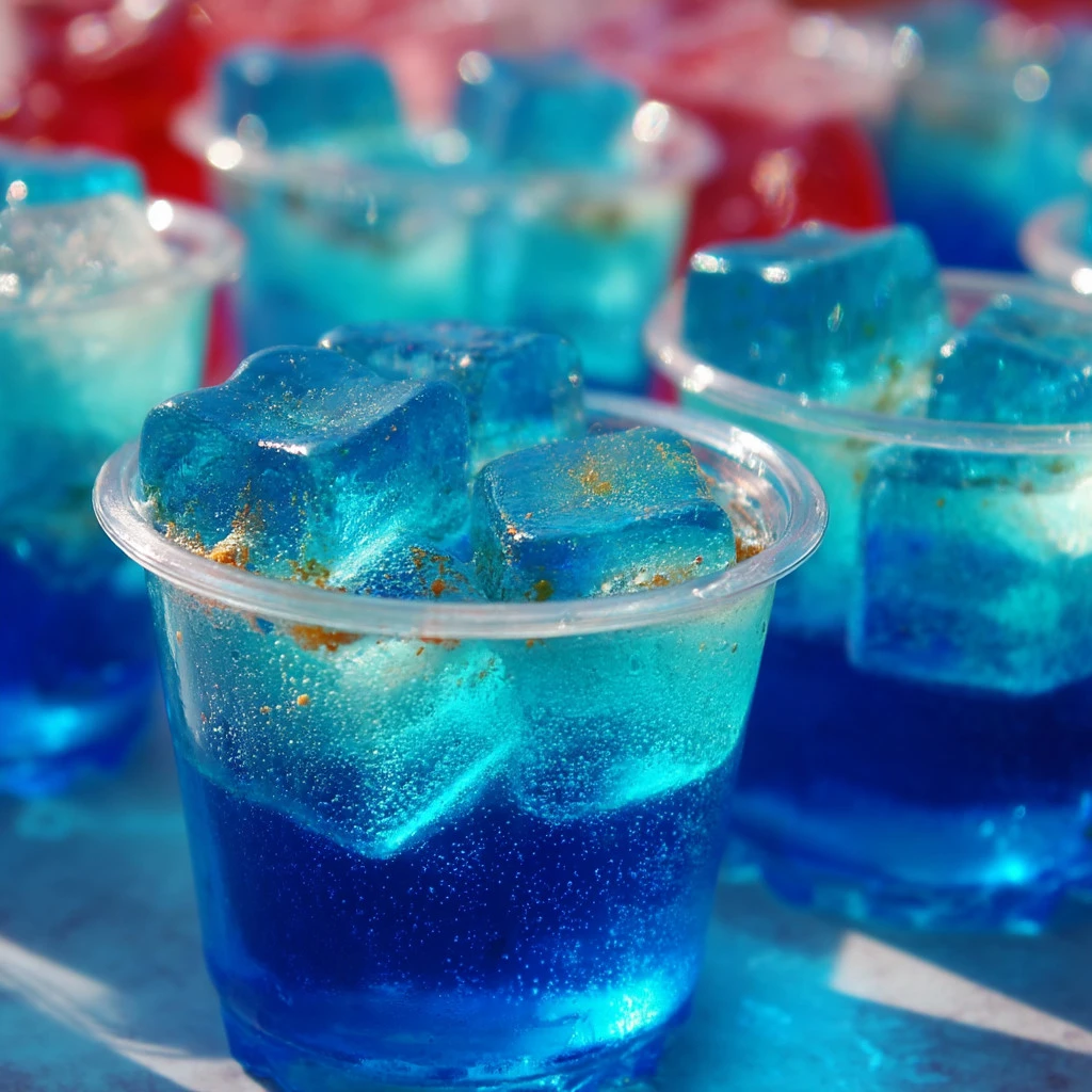 Blue Raspberry Jell-O shots served in clear cups with colorful decorations.