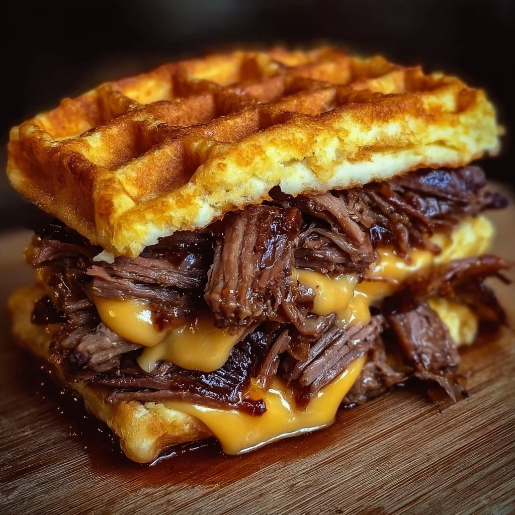 Bourbon Maple Brisket Grilled Cheese Waffle Sandwich with crispy edges and melted cheese