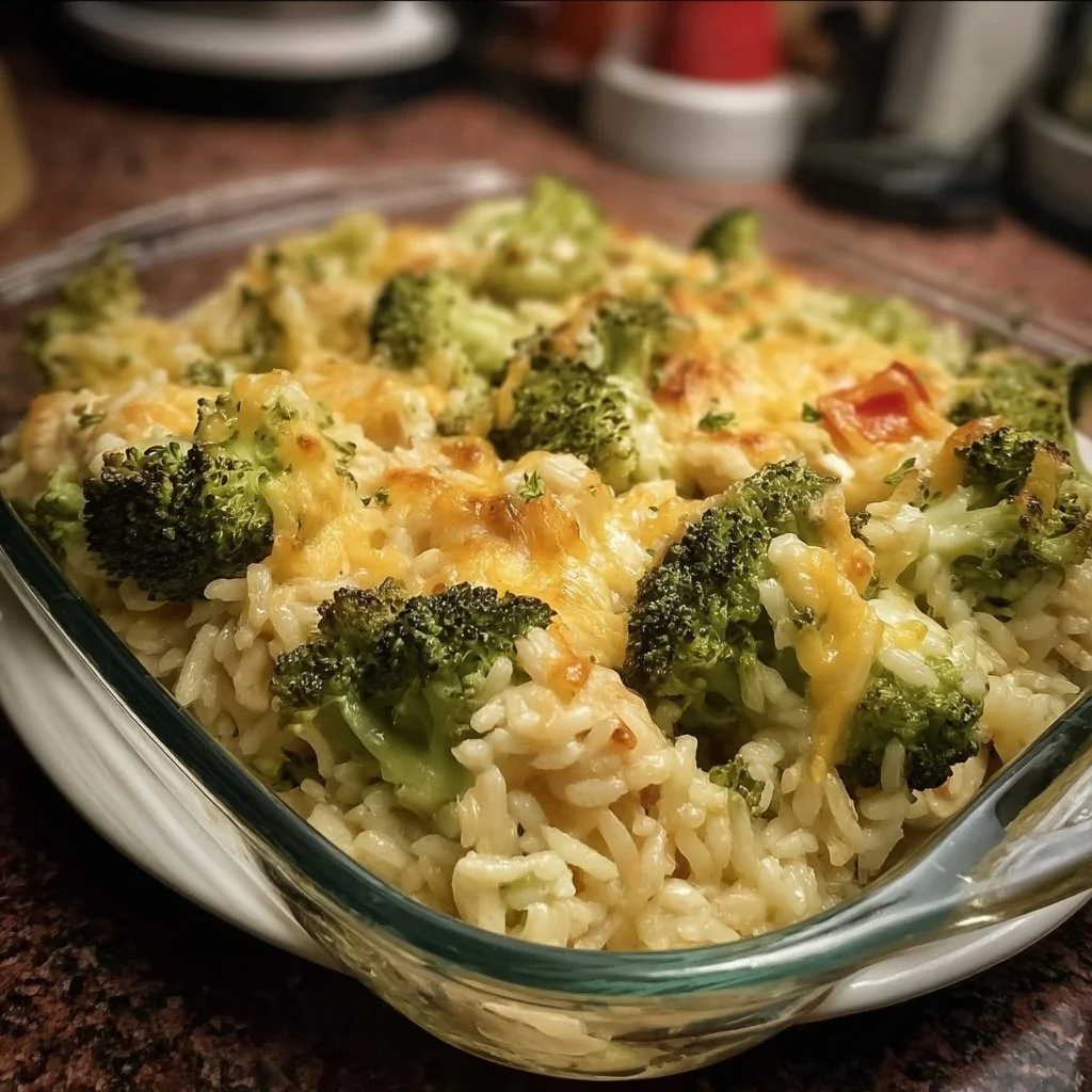Broccoli rice cheese and chicken casserole baked dish