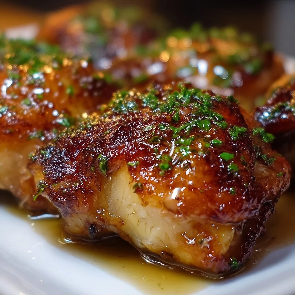 Delicious Brown Sugar Dijon Chicken Thighs garnished with herbs