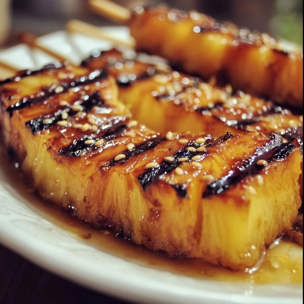 Delicious brown sugar grilled pineapple served on a barbecue plate.