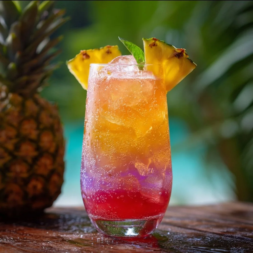 Caribbean Storm cocktail garnished with tropical fruits in a colorful glass