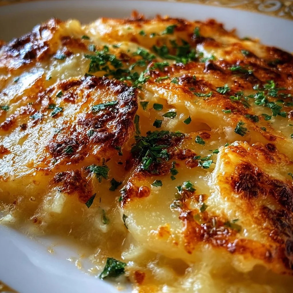Delicious cheesy garlic scalloped potatoes served in a creamy sauce