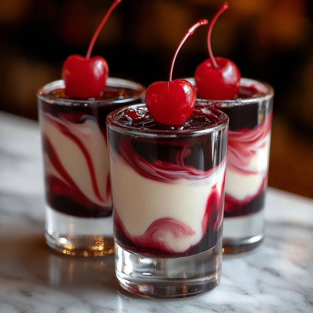 Cherry Rose Mudslide Shots served in a decorative glass with cherry garnish