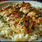 Chicken Scampi served with Garlic Parmesan Rice on a plate