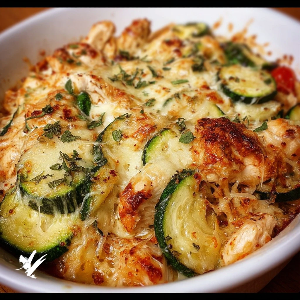 Delicious Chicken Zucchini Bake dish served with melted cheese