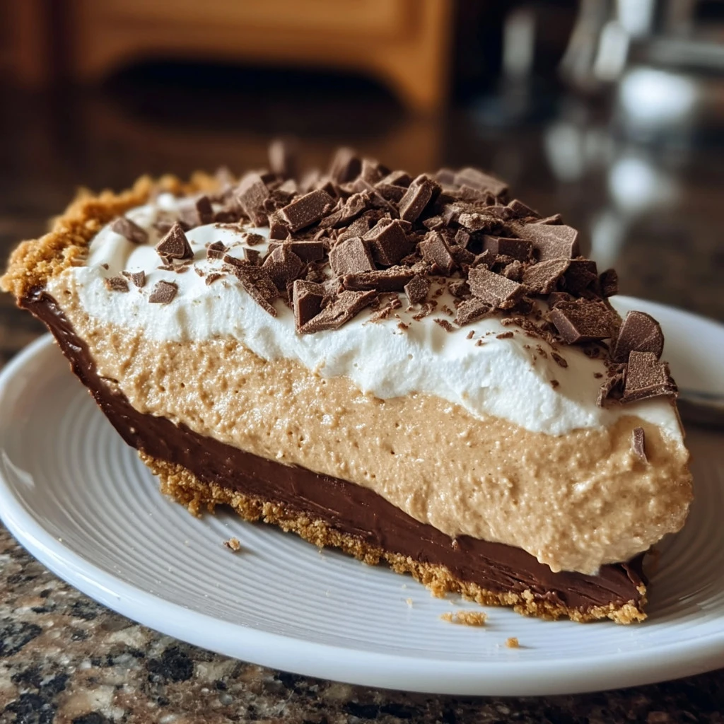 Delicious and creamy chocolate peanut butter pie topped with chocolate drizzle