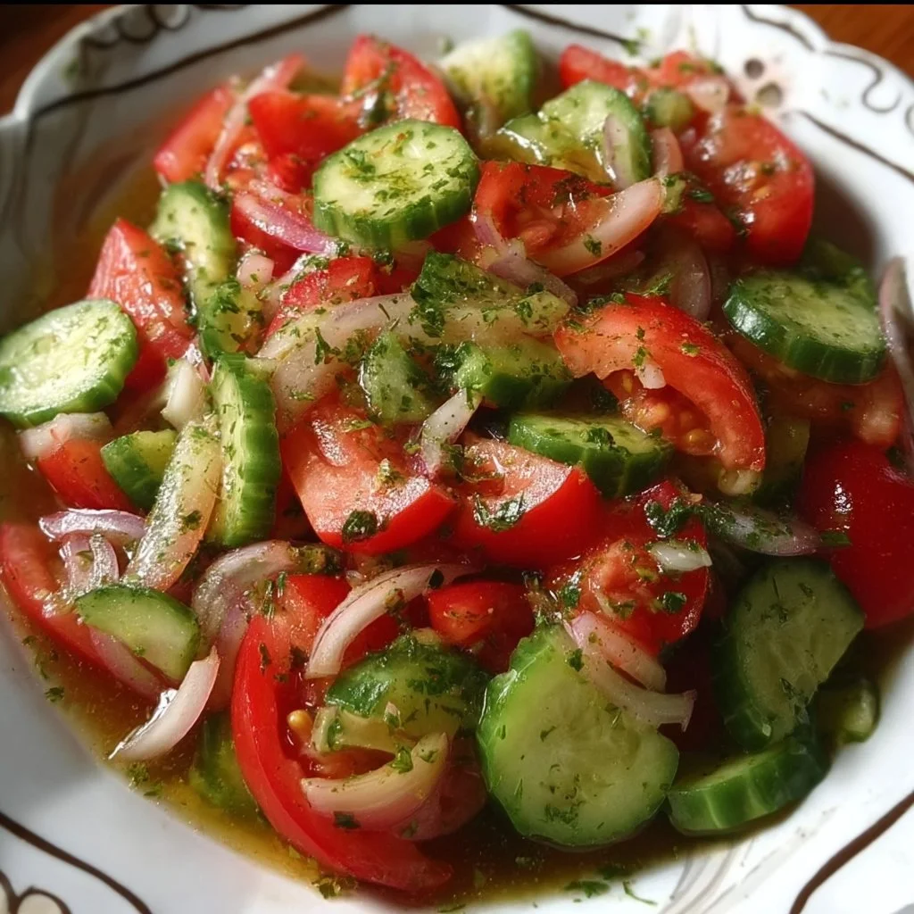 Classic marinated cucumber tomato and onion salad in a bowl