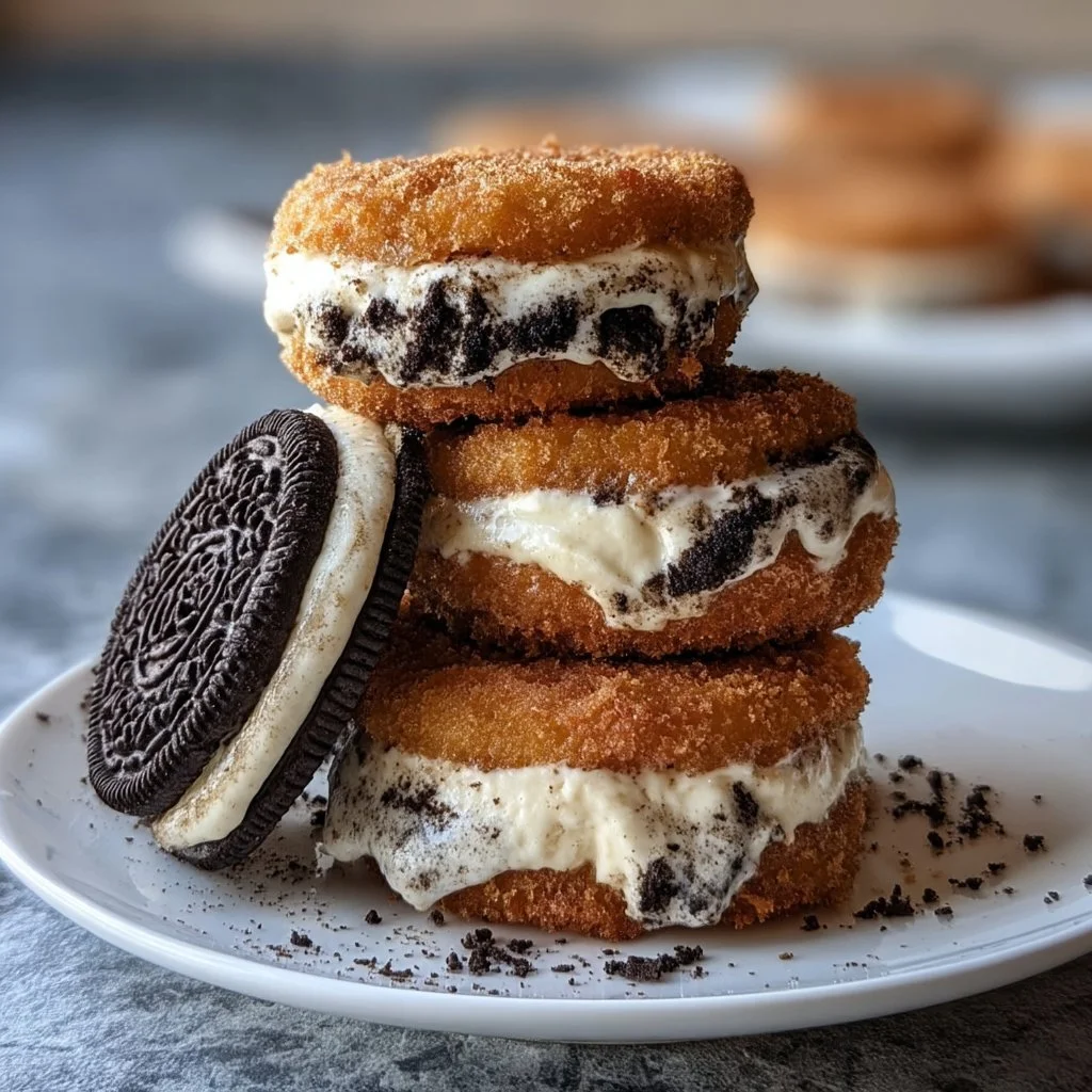 Delicious Cookies & Cream Cheesecake Deep Fried Oreos ready to be served.