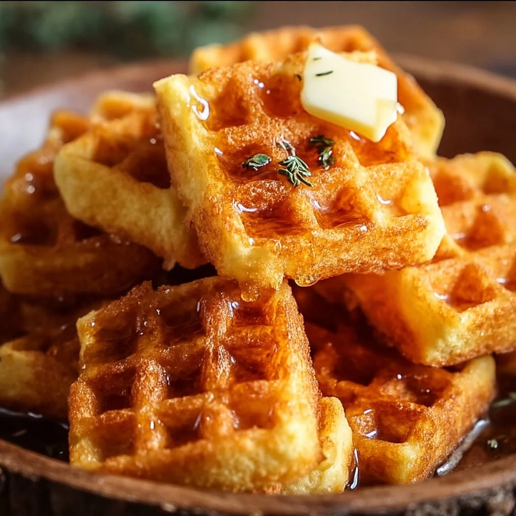 Cornbread waffle bites topped with smoked gouda and honey