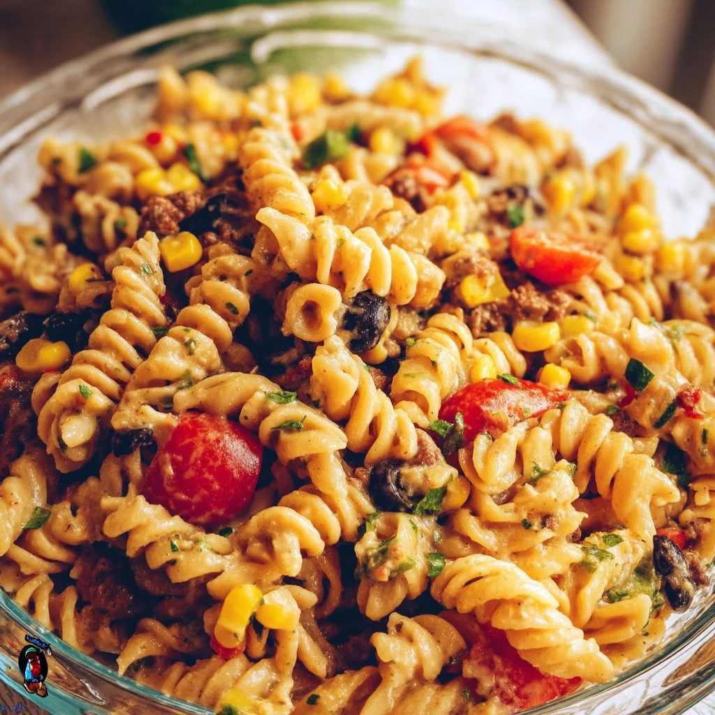 Delicious Cowboy Pasta Salad with vibrant vegetables and zesty dressing