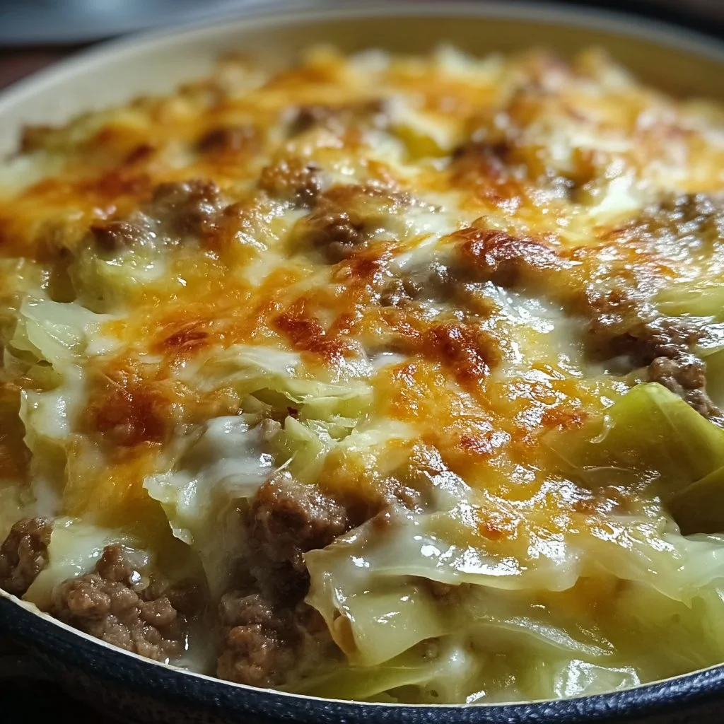 Creamed cabbage and ground beef casserole dish garnished and ready to serve.