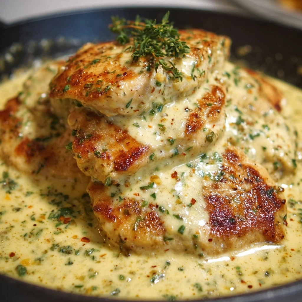 Creamy Boursin garlic herb chicken skillet with fresh herbs and garlic.