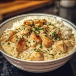 Creamy chicken and rice dish garnished with herbs in a bowl.