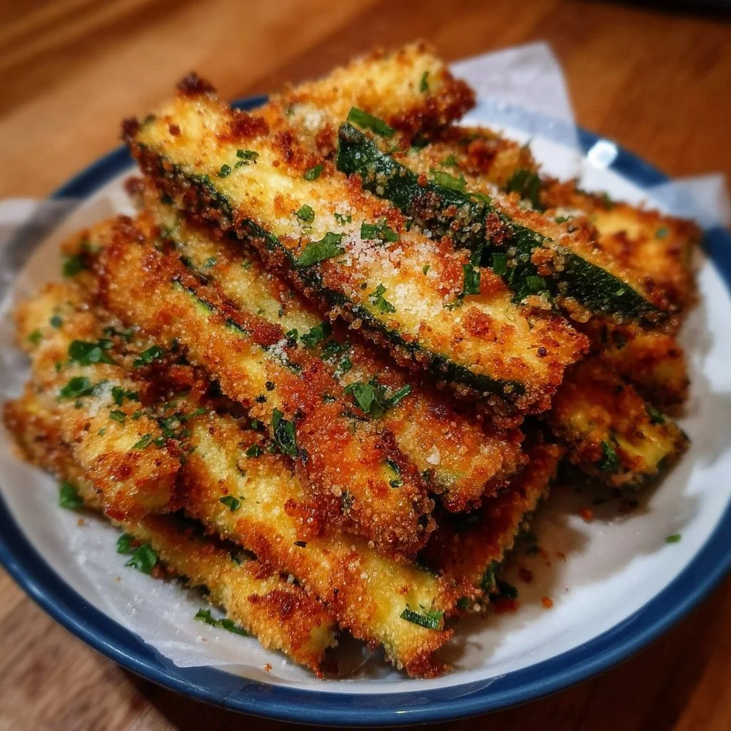 Crispy Parmesan garlic zucchini fries served on a plate