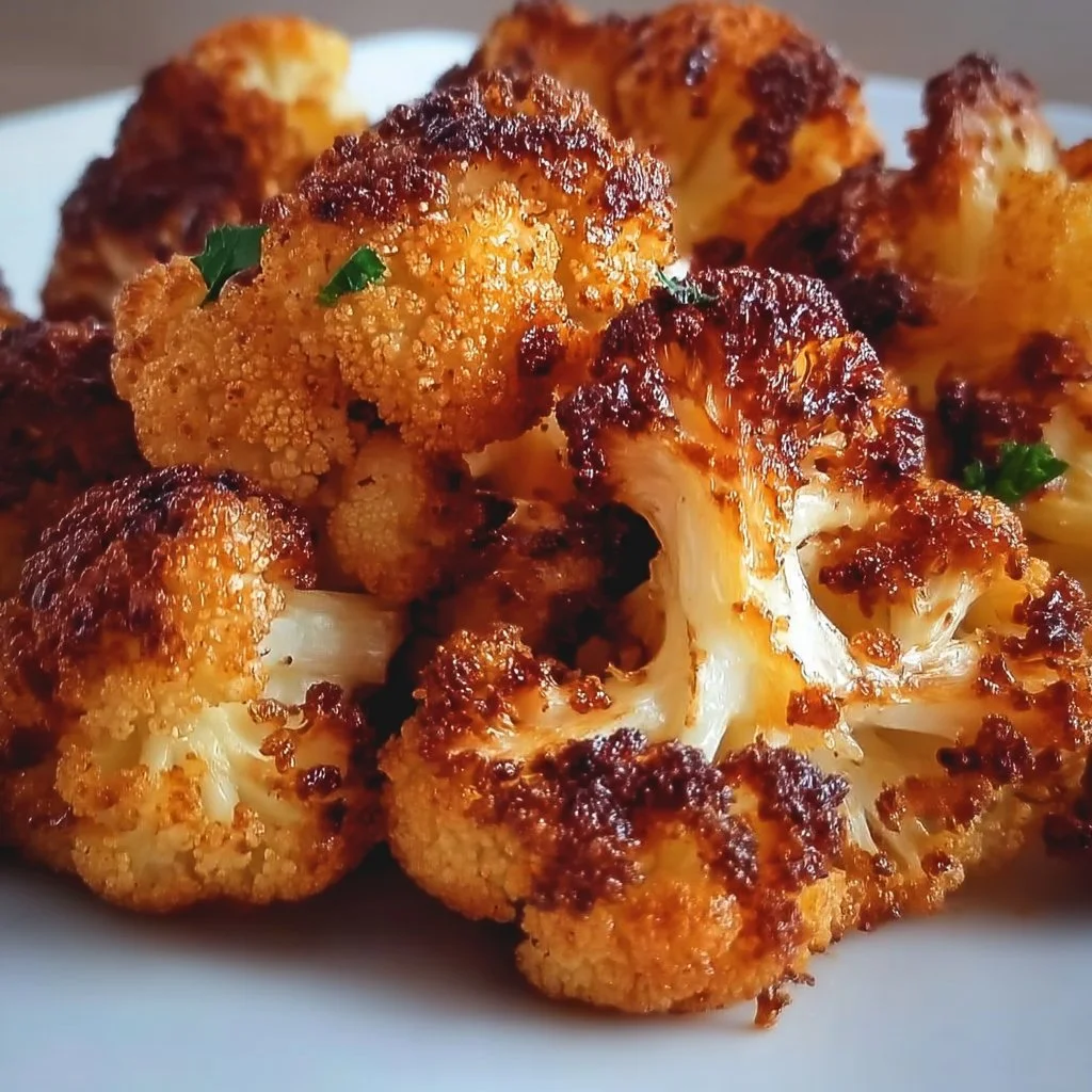 Bowl of crispy roasted cauliflower garnished with herbs and spices