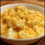 Delicious Crockpot Cheesy Potatoes served in a bowl, topped with cheese and herbs.