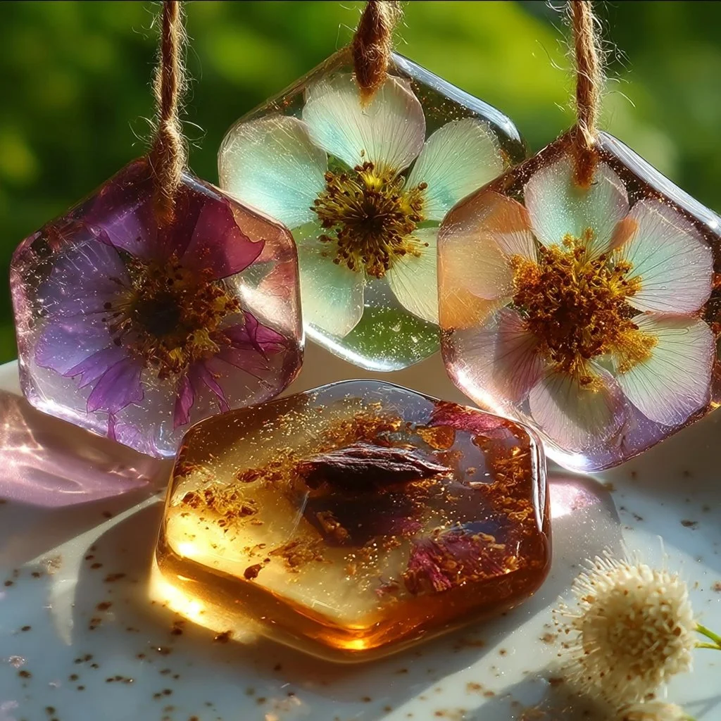 Colorful DIY bioplastic suncatchers hanging in a window, showcasing sunlight effects.