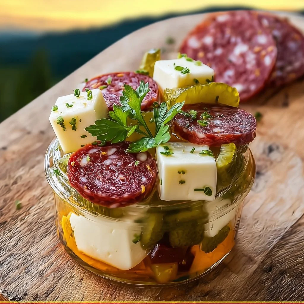 Delicious marinated cheese appetizer with salami and pickles on a serving platter