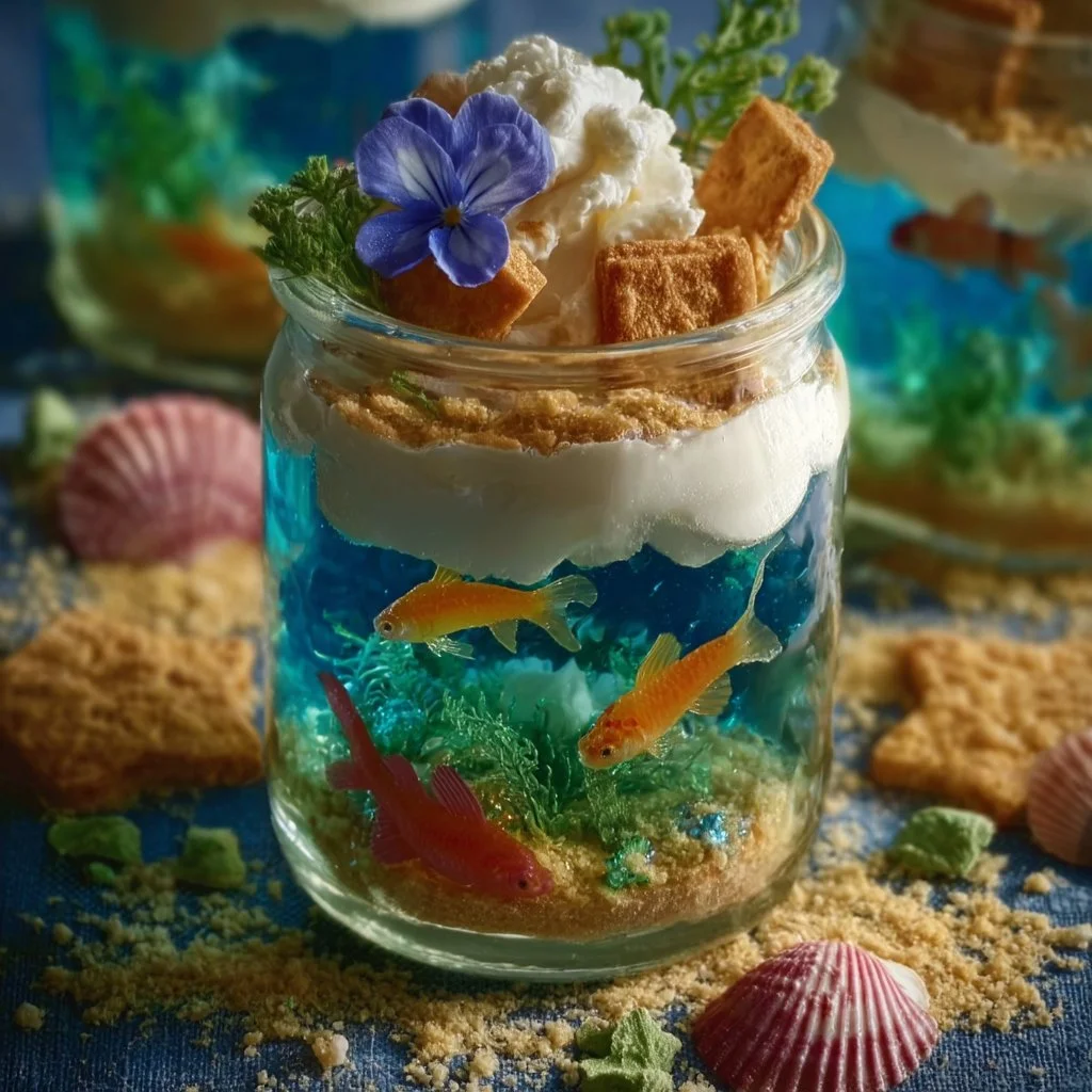 Delicious edible Aquarium Parfait with colorful layers and ocean-themed decor