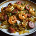 Delicious fried cabbage cooked with shrimp, sausage, and crispy bacon