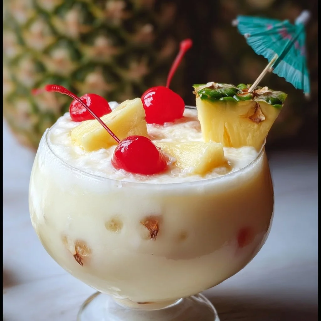 Frozen Piña Colada Bowl topped with fresh fruit and coconut flakes