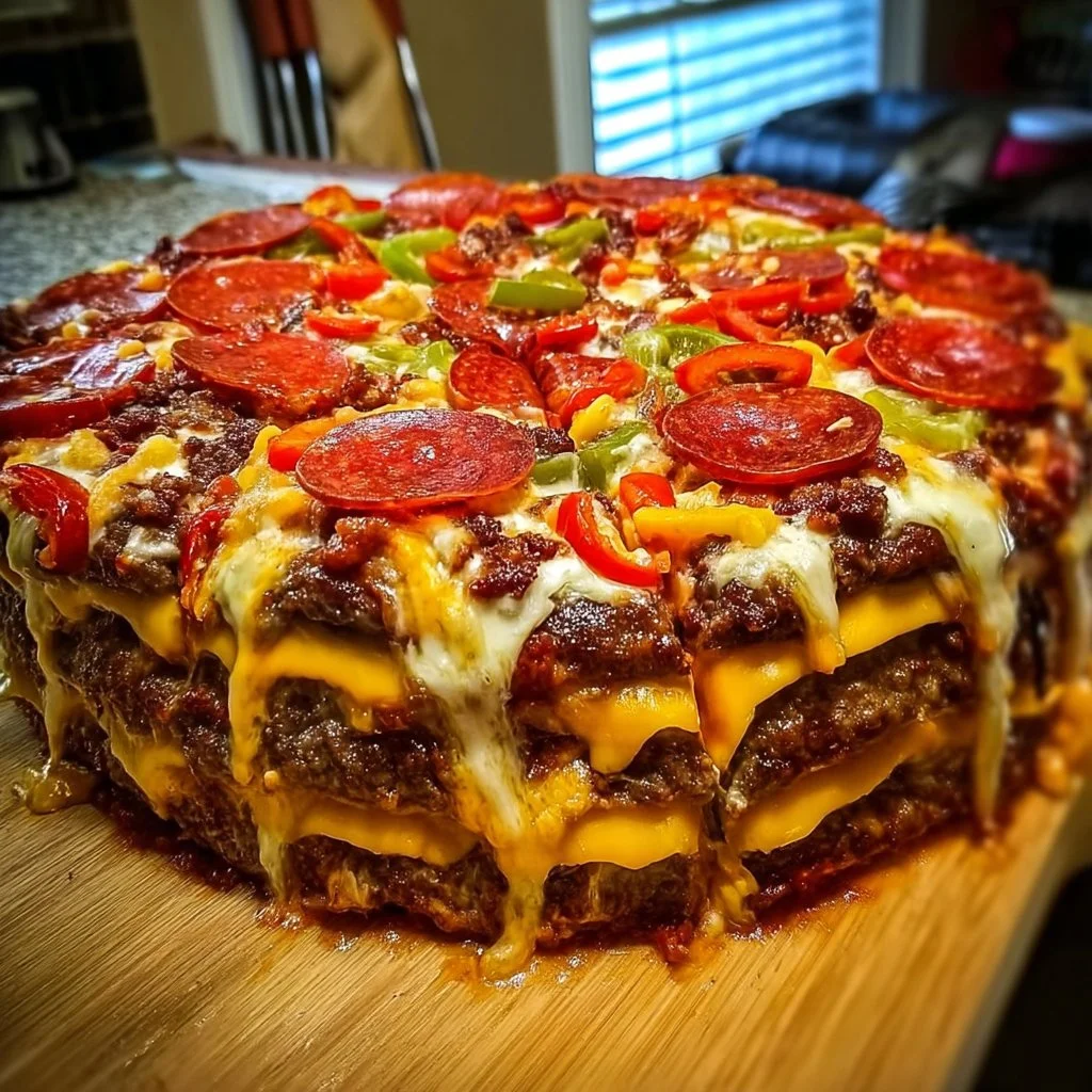 Giant Double Cheeseburger Pizza with patties and cheese