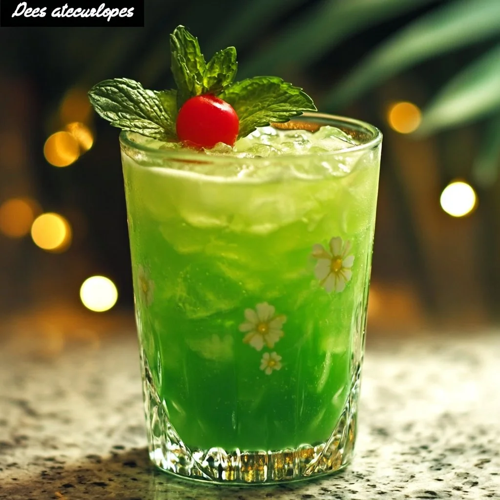 Green Hawaiian Cocktail served in a tropical setting with vibrant colors.