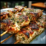 Grilled Ranch Garlic Parmesan Chicken Skewers on a plate garnished with herbs