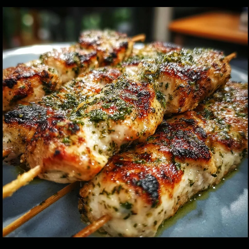 Grilled Ranch Garlic Parmesan Chicken Skewers on a plate garnished with herbs