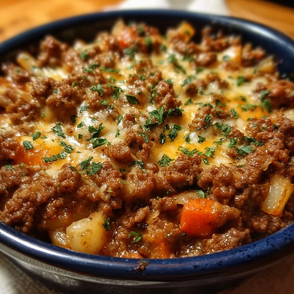 Delicious ground beef skillet dish served with vegetables and spices.