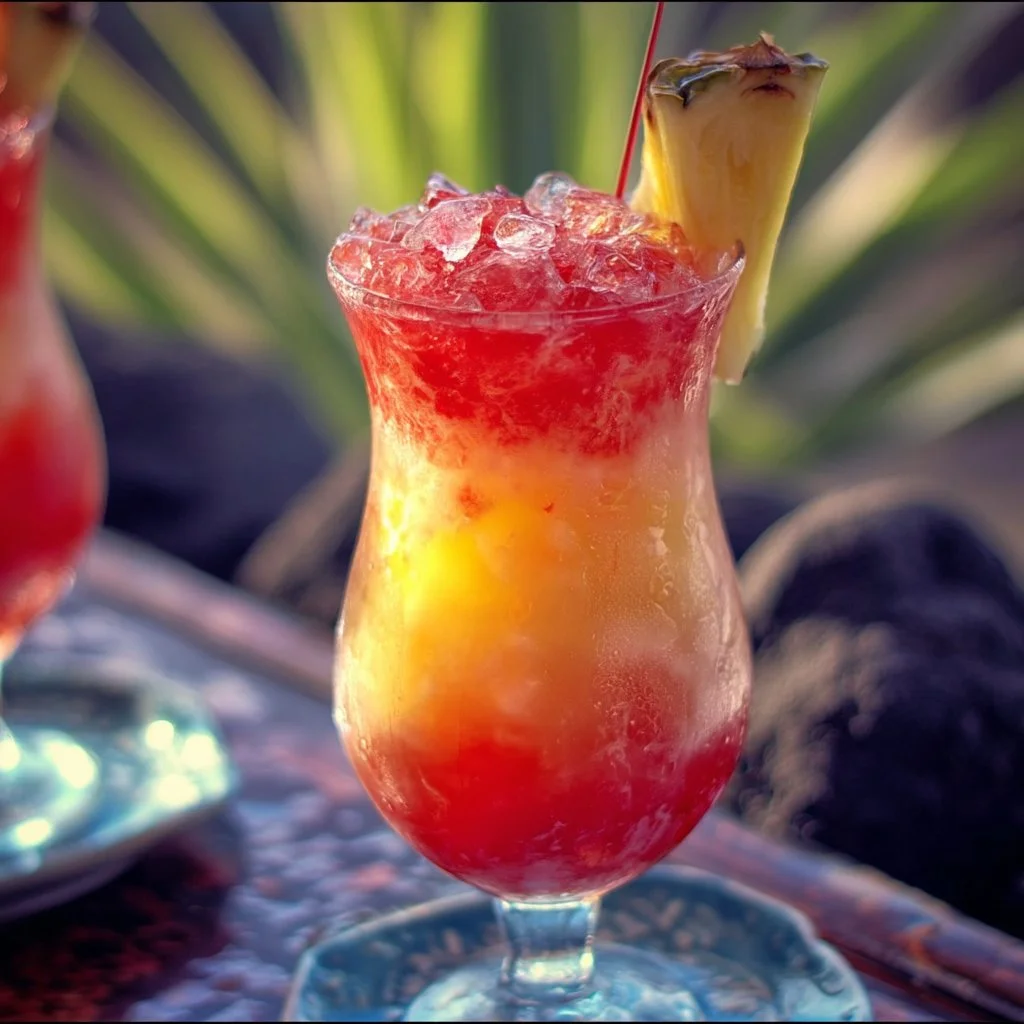 Hawaiian Lava Flow Cocktail garnished with fruit and served in a tropical glass