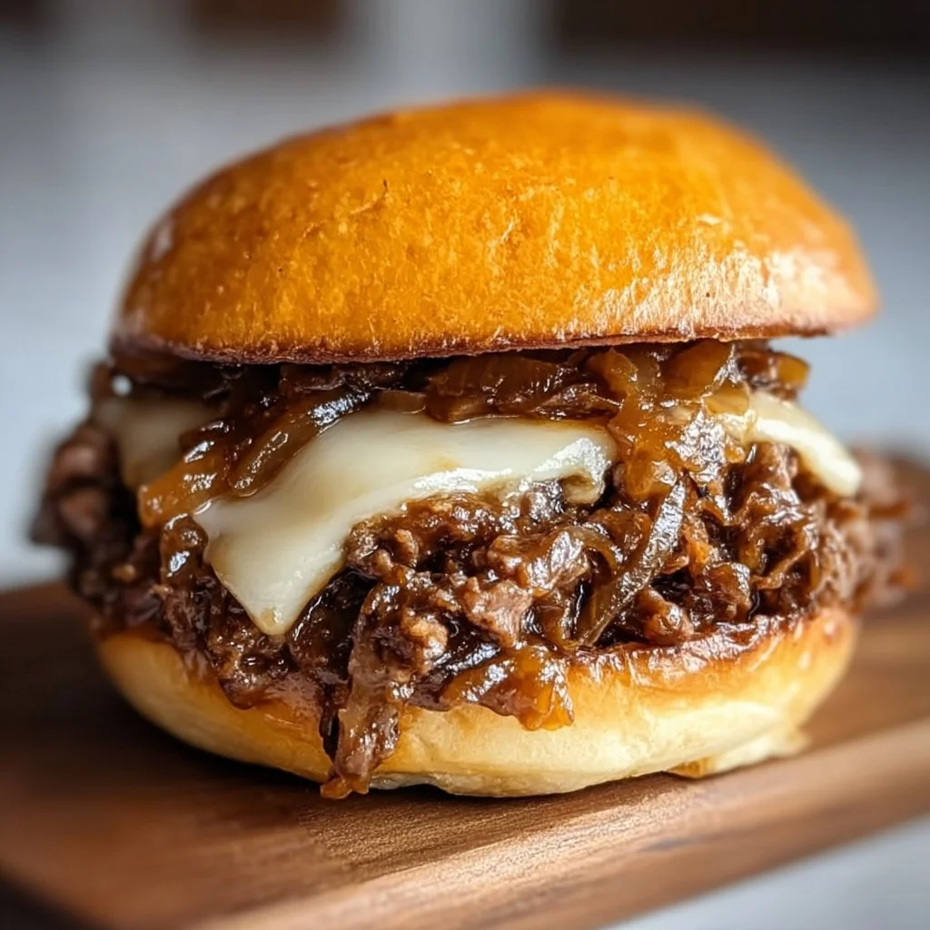 Close-up of delicious French onion beef sloppy joes on a bun with melted cheese