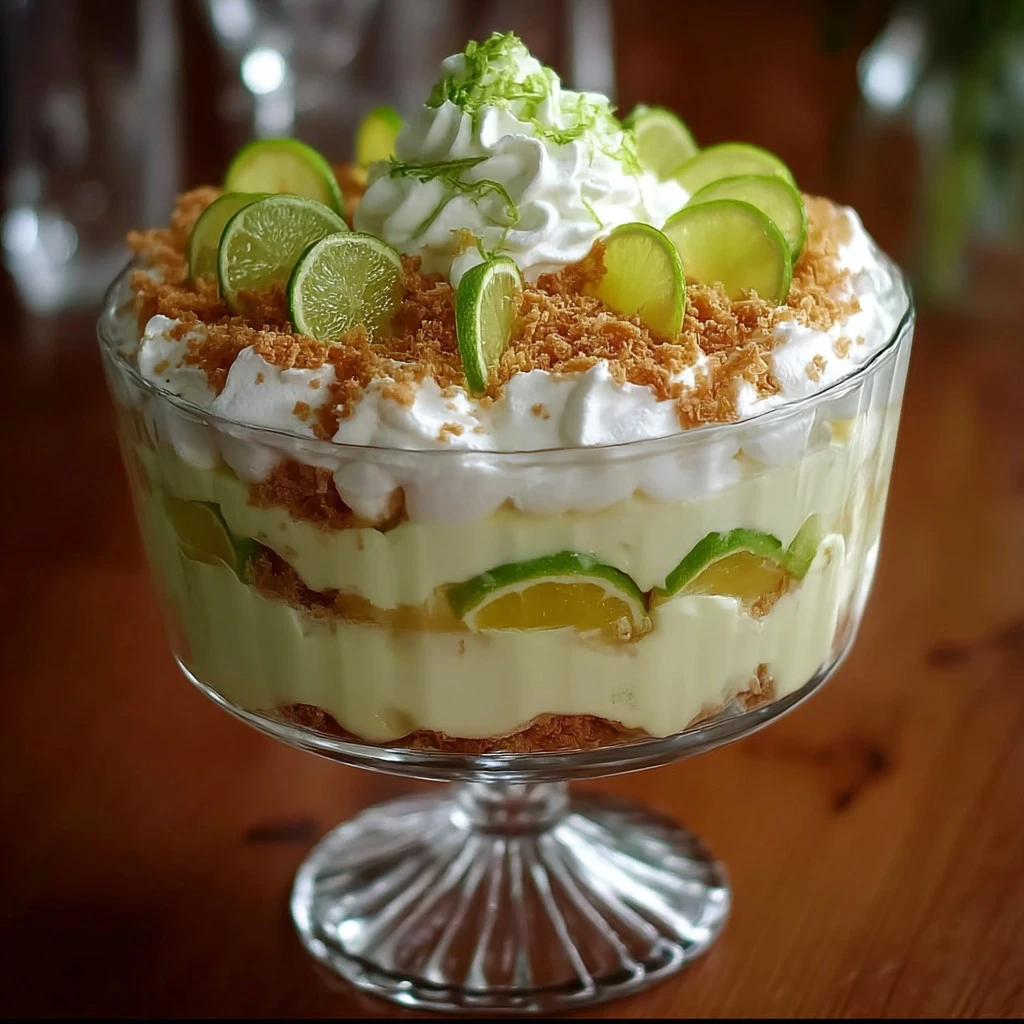 Key Lime Pie Trifle with layers of whipped cream and key lime filling