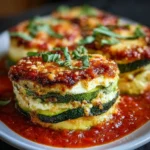 Layered zucchini ricotta melts topped with marinara sauce on a plate