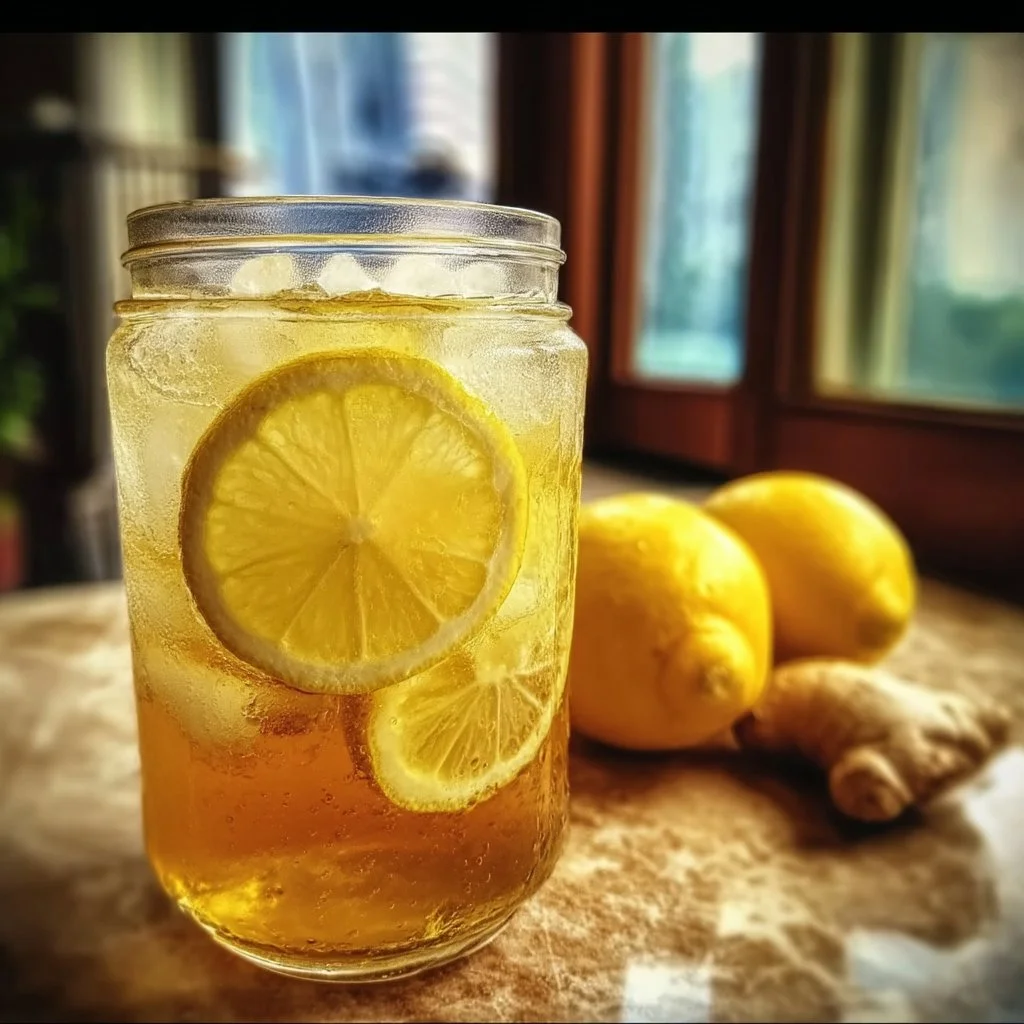 Glass of Lemon Ginger Iced Green Tea with Honey garnished with lemon slices