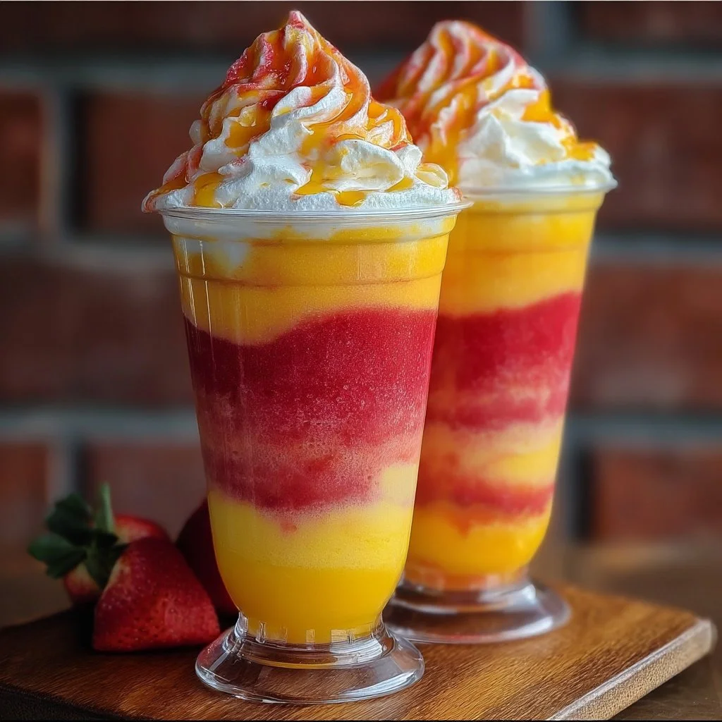 Mango Strawberry Sunrise Frappuccino topped with whipped cream and fresh fruit