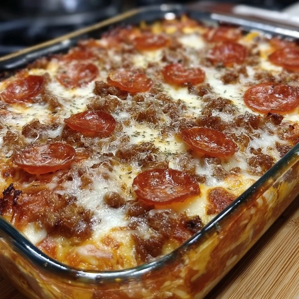 Delicious Meat Lovers Pizza Casserole topped with meats and cheese